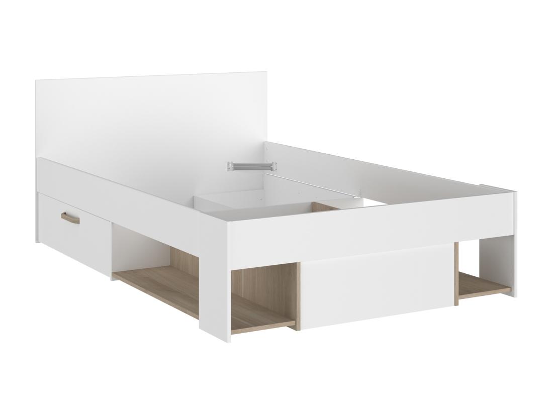 Vente Unique Lit 120 X 190/200 Cm Avec Rangements - Blanc Et Naturel - KINSELIA