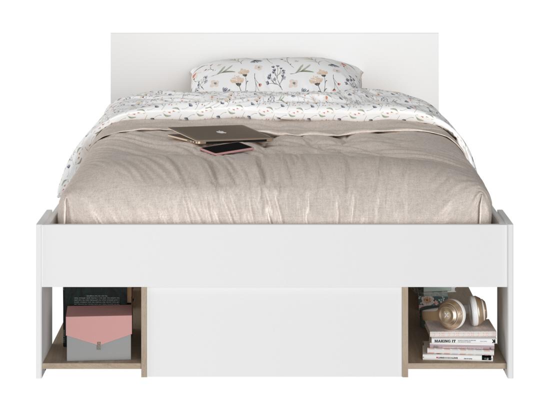 Vente Unique Lit 120 X 190/200 Cm Avec Rangements - Blanc Et Naturel - KINSELIA