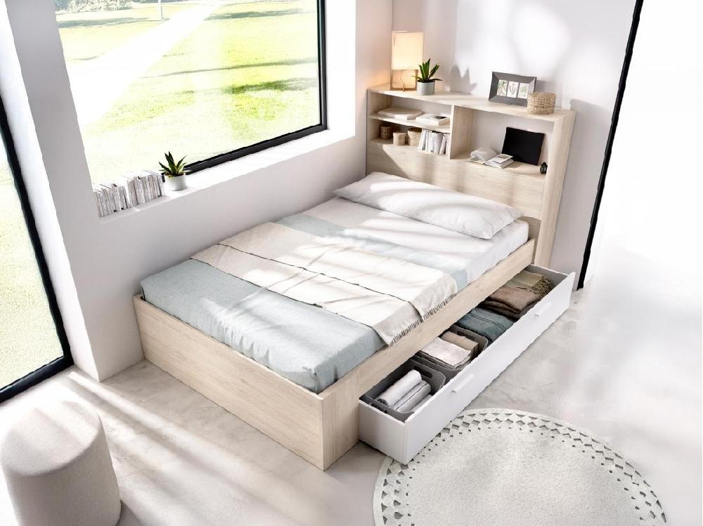 Vente Unique Lit 120 X 190 Cm Avec Rangements - Coloris : Naturel Et Blanc + Sommier - VARDIEL