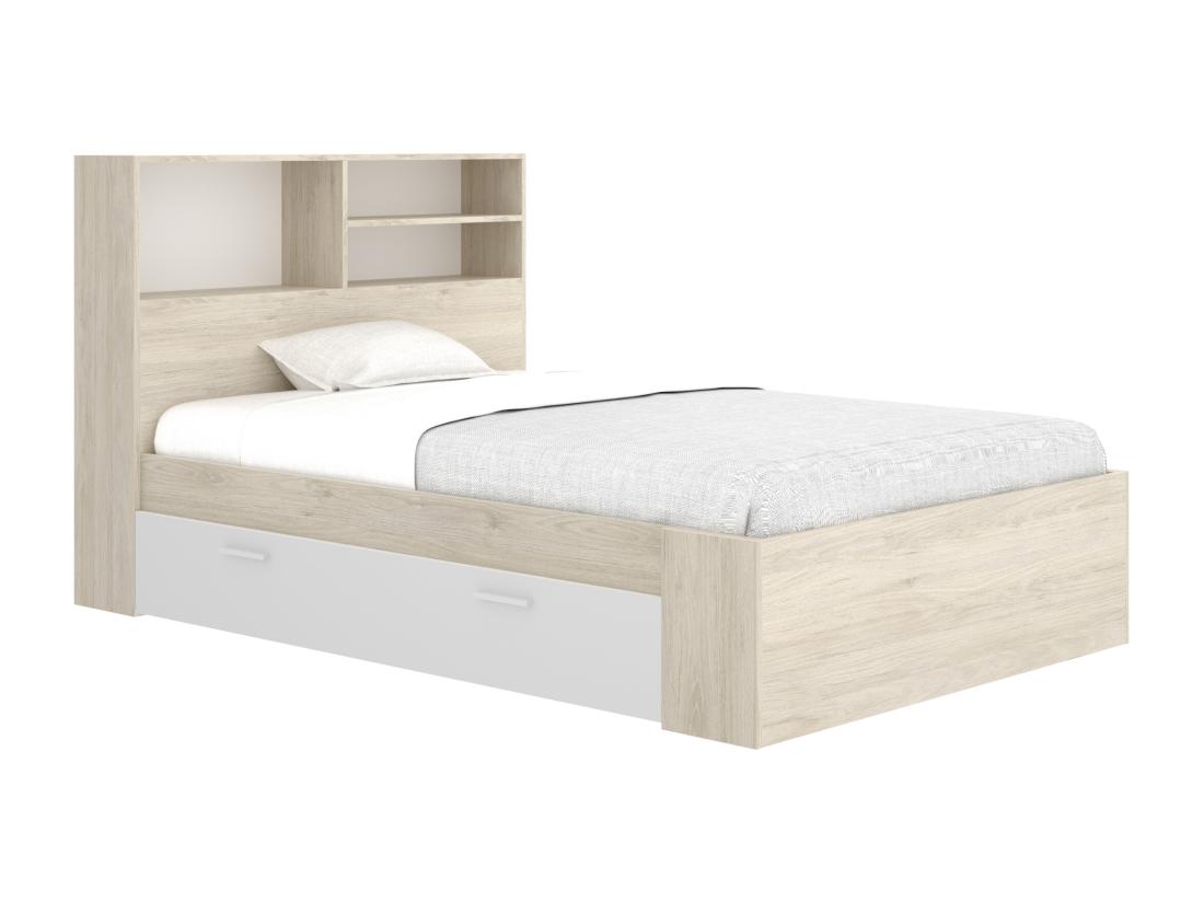 Vente Unique Lit 120 X 190 Cm Avec Rangements - Coloris : Naturel Et Blanc + Sommier - VARDIEL