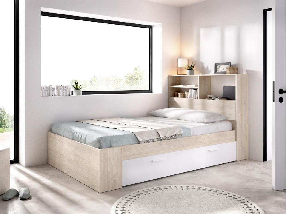 vente unique Lit 120 x 190 cm avec rangements - Coloris : Naturel et blanc + Sommier - VARDIEL