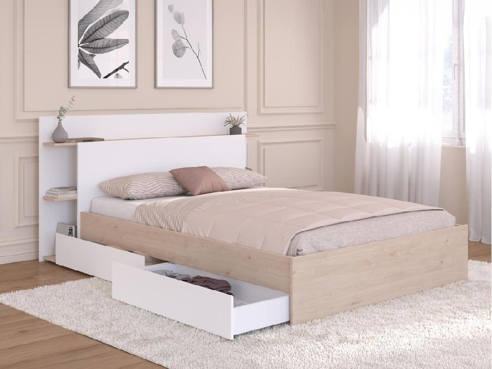 Vente Unique Lit 140 X 190/200 Cm Avec 4 Tiroirs - Coloris : Naturel Et Blanc - TILONIDE