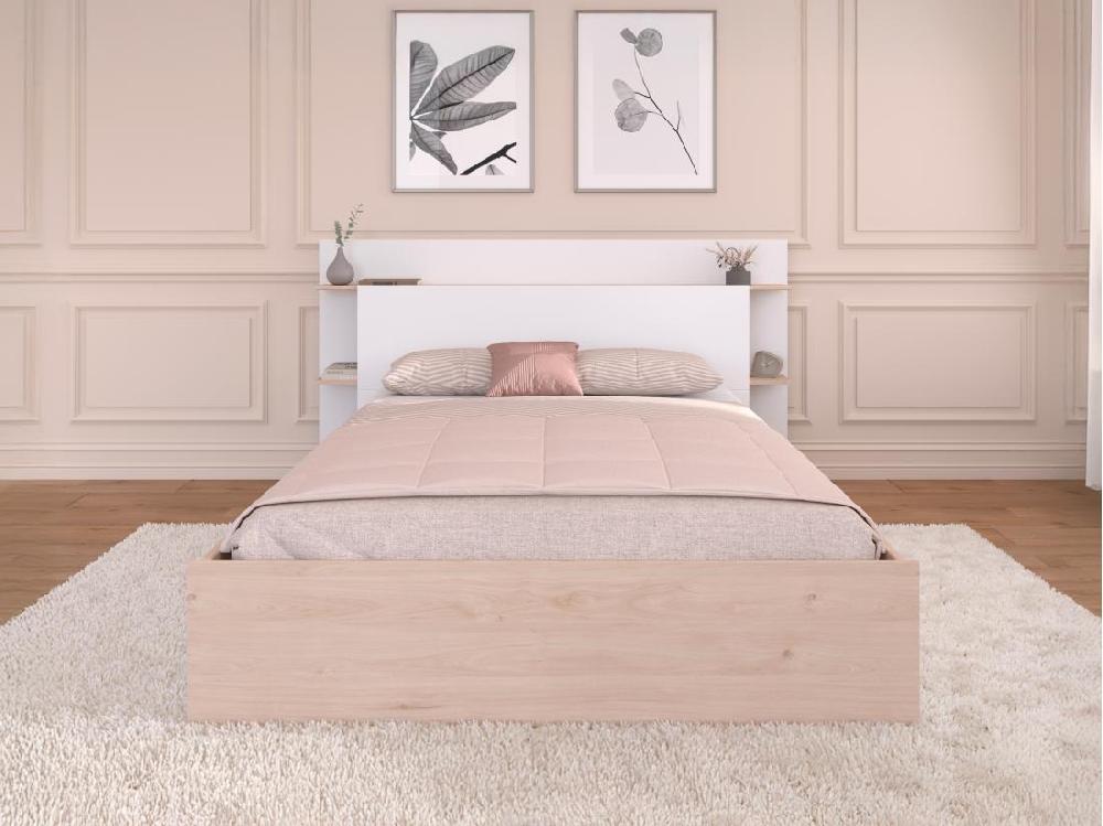 Vente Unique Lit 140 X 190/200 Cm Avec 4 Tiroirs - Coloris : Naturel Et Blanc - TILONIDE