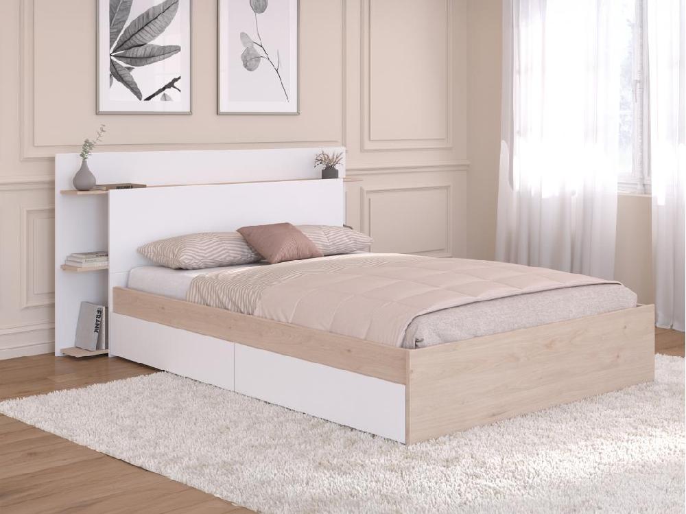 vente unique Lit 140 x 190/200 cm avec 4 tiroirs - Coloris : Naturel et blanc - TILONIDE