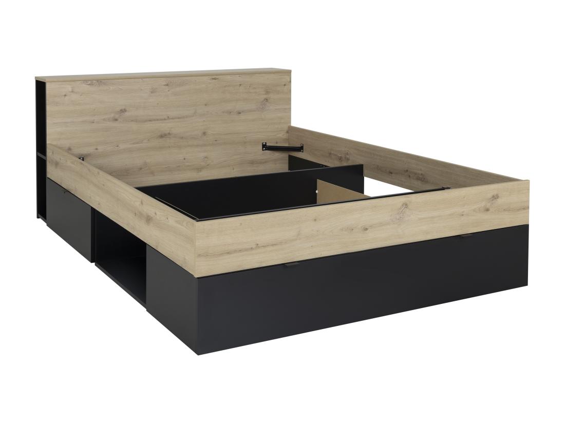 Vente Unique Lit 140 X 190 Cm - 3 Tiroirs Et 6 Niches - Naturel Et Noir - CIKETO