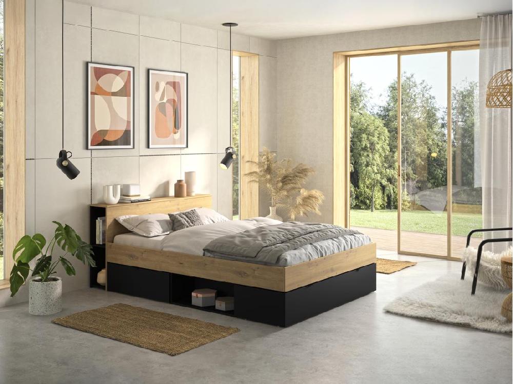 vente unique Lit 140 x 190 cm - 3 tiroirs et 6 niches - Naturel et noir - CIKETO