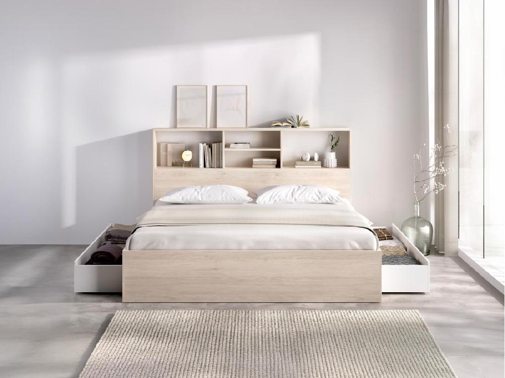 Vente Unique Lit 140 X 190 Cm Avec Rangements - Coloris : Naturel Et Blanc + Sommier + Matelas - VARDIEL