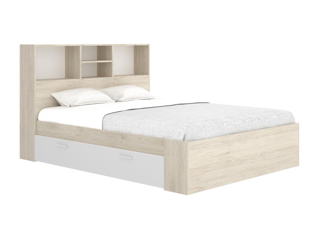 Vente Unique Lit 140 X 190 Cm Avec Rangements - Coloris : Naturel Et Blanc + Sommier + Matelas - VARDIEL