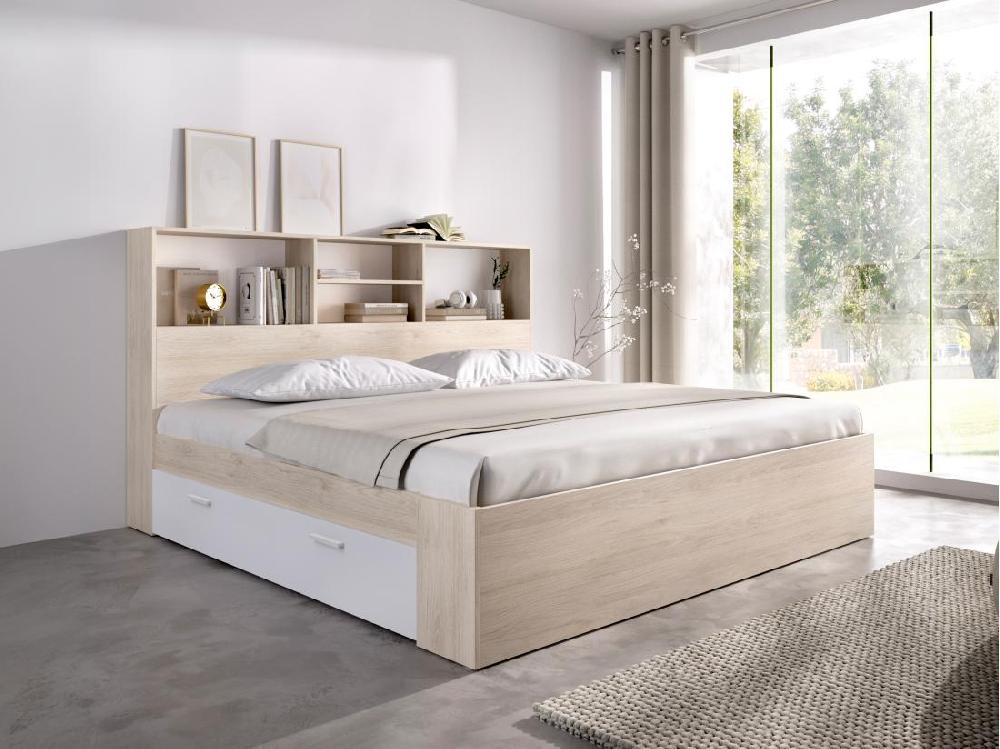 vente unique Lit 140 x 190 cm avec rangements - Coloris : Naturel et blanc + Sommier + Matelas - VARDIEL