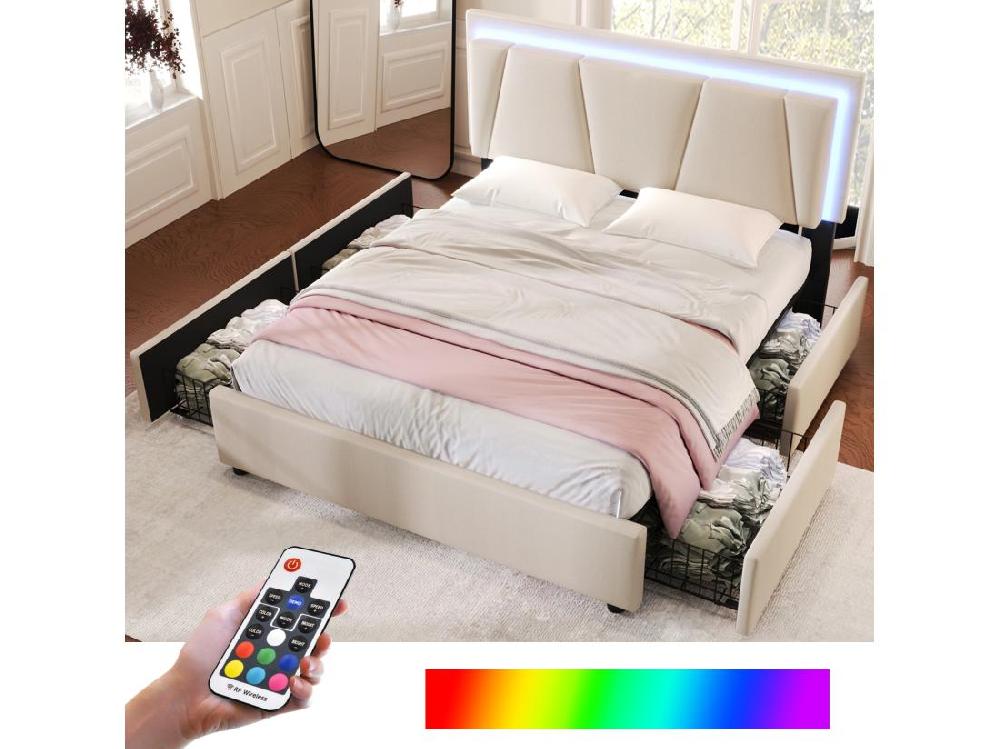 Vente Unique Lit 140x200cm Avec 2 Tiroirs + LED + Sommier à Lattes - Lin - Beige