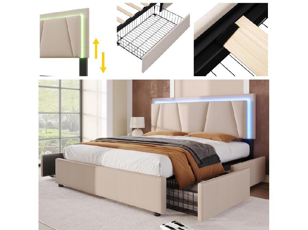 Vente Unique Lit 140x200cm Avec 2 Tiroirs + LED + Sommier à Lattes - Lin - Beige