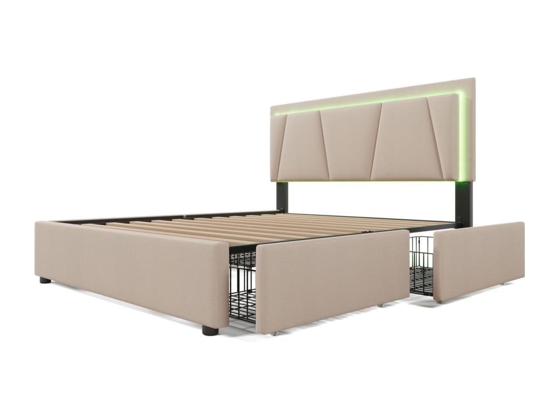 Vente Unique Lit 140x200cm Avec 2 Tiroirs + LED + Sommier à Lattes - Lin - Beige