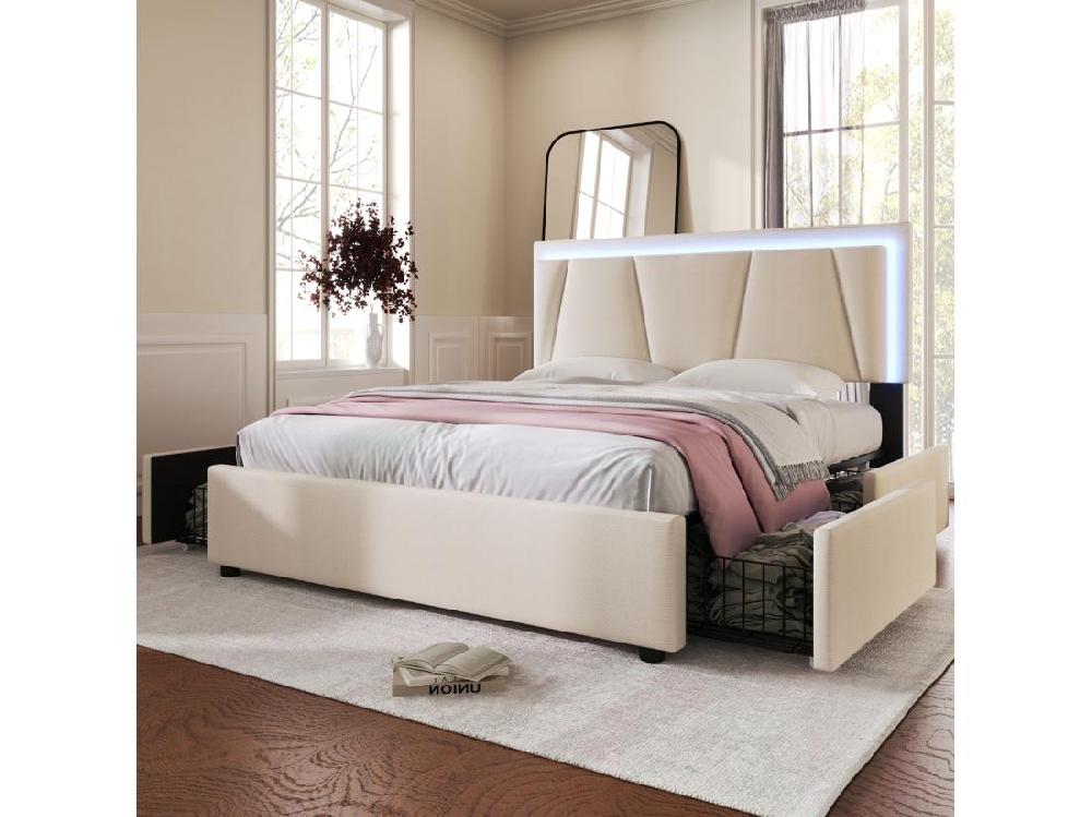 vente unique Lit 140x200cm avec 2 tiroirs + LED + sommier à lattes - lin - beige