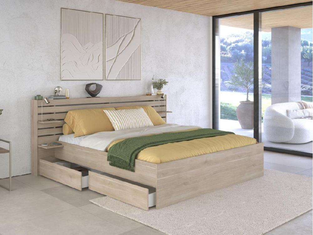 Vente Unique Lit 180 X 200 Cm Avec Rangements - Coloris : Naturel + Sommier - TENALIA