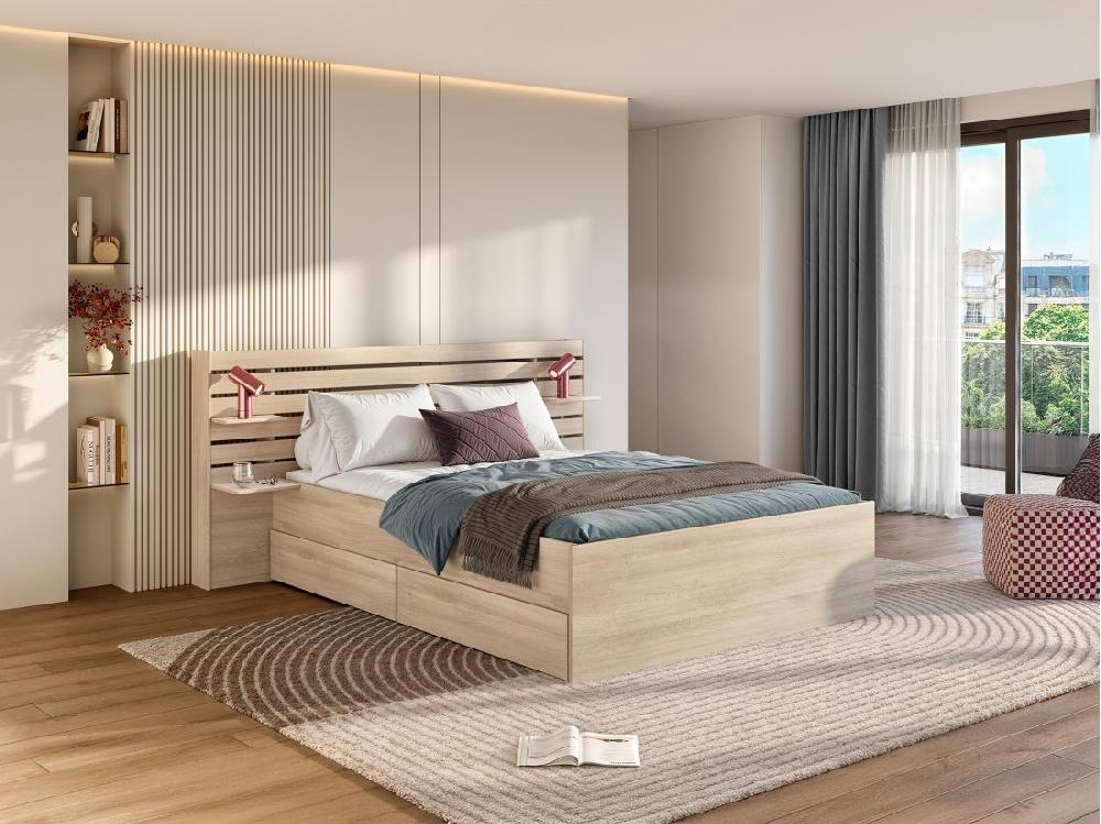 vente unique Lit 180 x 200 cm avec rangements - Coloris : Naturel + Sommier - TENALIA