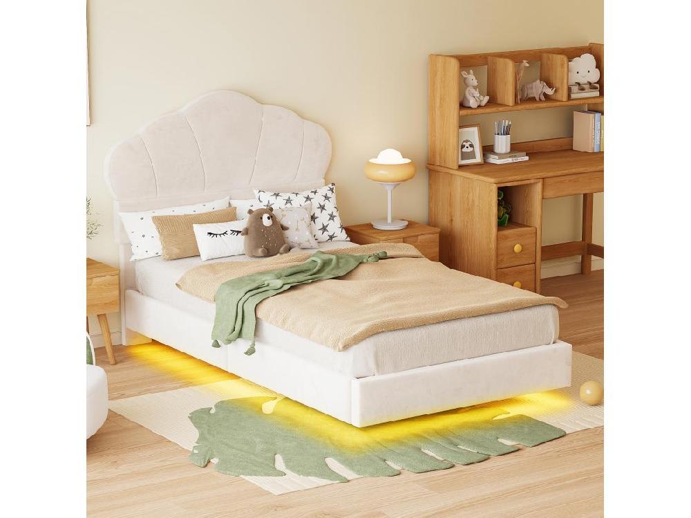 Vente Unique Lit 90x200cm En Velours Avec LED - Tête De Lit En Forme De Nuage - Avec Sommier à Lattes - Beige