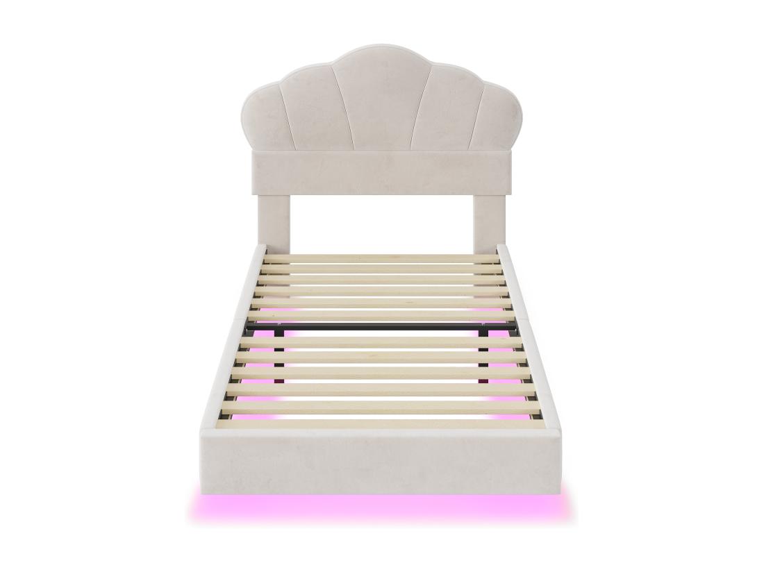 Vente Unique Lit 90x200cm En Velours Avec LED - Tête De Lit En Forme De Nuage - Avec Sommier à Lattes - Beige