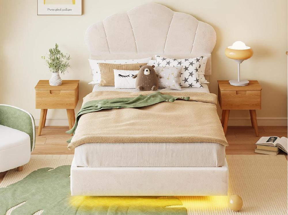 Vente Unique Lit 90x200cm En Velours Avec LED - Tête De Lit En Forme De Nuage - Avec Sommier à Lattes - Beige