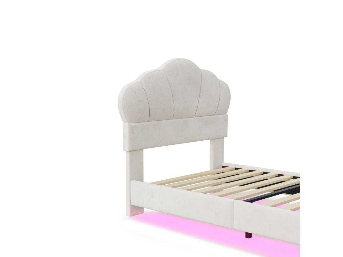 vente unique Lit 90x200cm en velours avec LED - tête de lit en forme de nuage - avec sommier à lattes - Beige