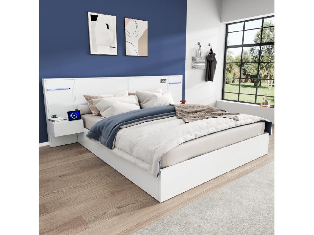 Vente Unique Lit Adulte En Bois 160x200 Cm - Avec 2 Tables De Chevet - Avec Port De Chargement USB Haut-parleur Bluetooth Et Horloge Numérique - Blanc