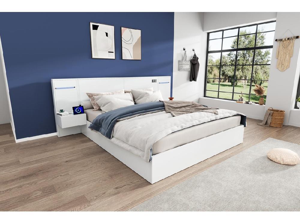 Vente Unique Lit Adulte En Bois 160x200 Cm - Avec 2 Tables De Chevet - Avec Port De Chargement USB Haut-parleur Bluetooth Et Horloge Numérique - Blanc