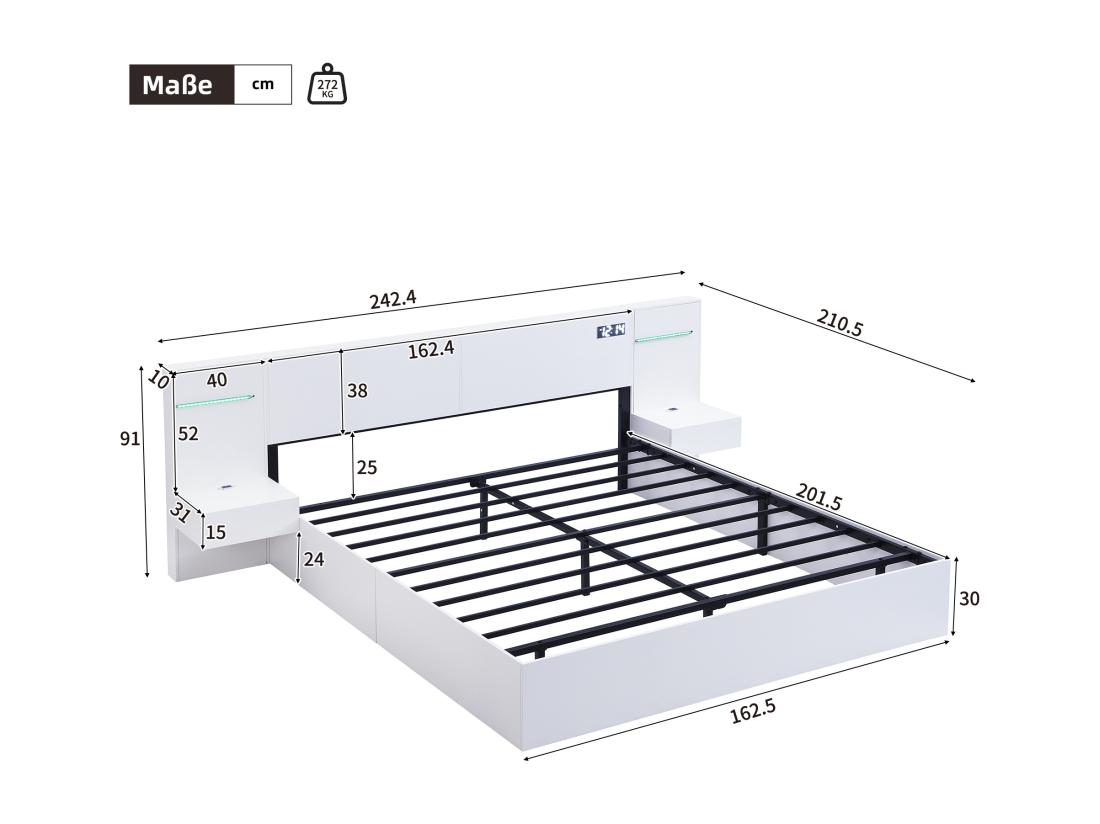 Vente Unique Lit Adulte En Bois 160x200 Cm - Avec 2 Tables De Chevet - Avec Port De Chargement USB Haut-parleur Bluetooth Et Horloge Numérique - Blanc