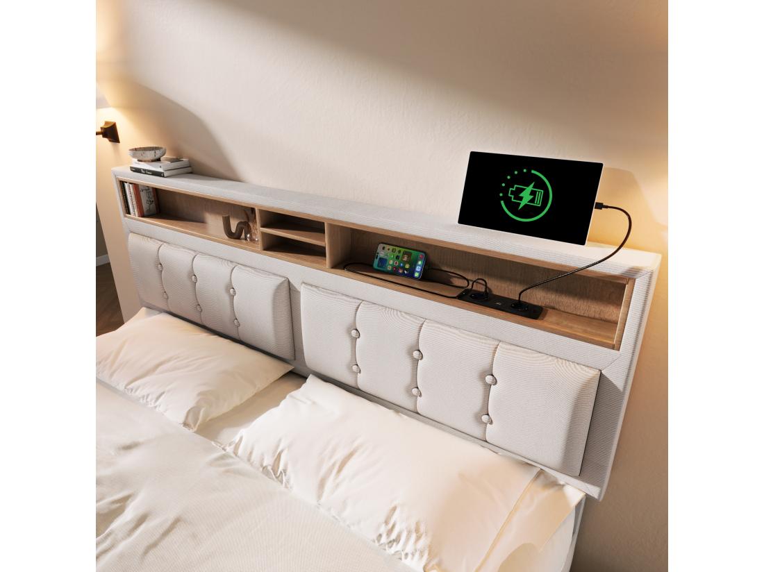 Vente Unique Lit Adulte Rembourré Avec 4 Tiroirs Et Port De Chargement USB - 160x200cm - Tissu En Lin - Beige