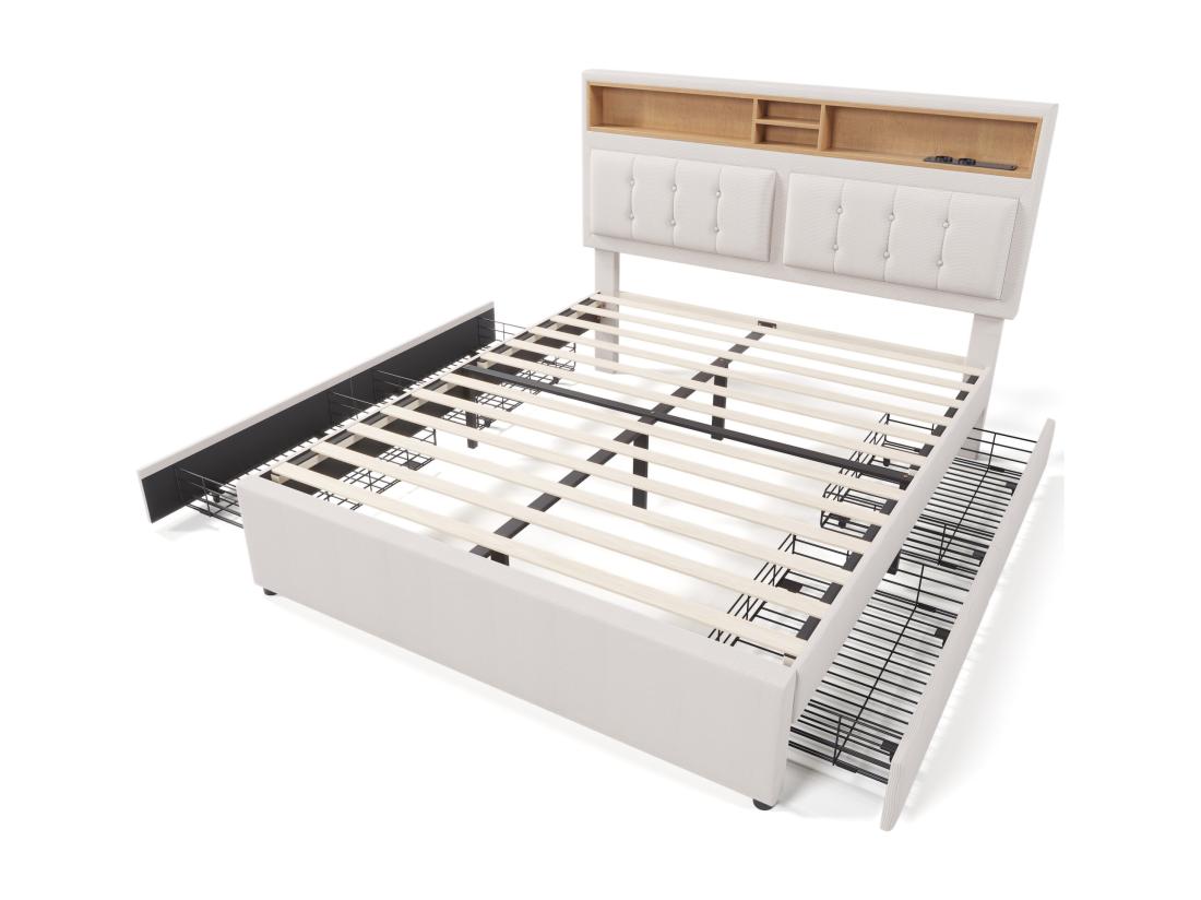Vente Unique Lit Adulte Rembourré Avec 4 Tiroirs Et Port De Chargement USB - 160x200cm - Tissu En Lin - Beige