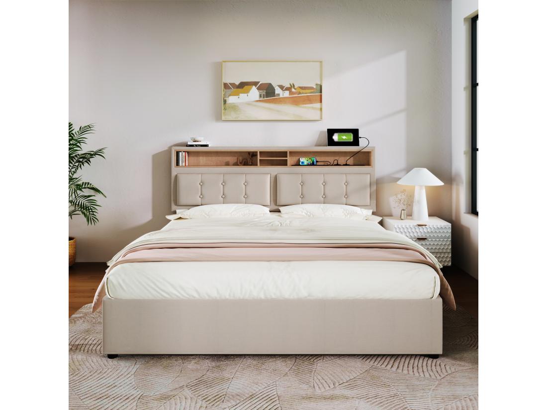 vente unique Lit adulte rembourré avec 4 tiroirs et Port de chargement USB - 160x200cm - Tissu en Lin - Beige