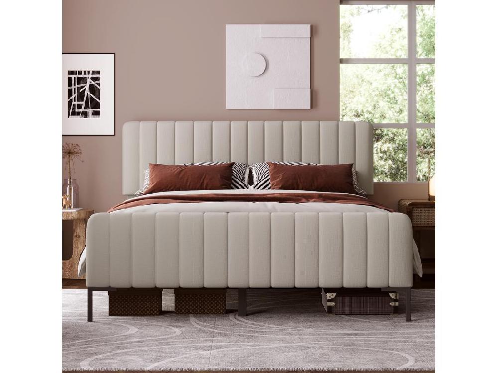 Vente Unique Lit Adulte Rembourré En Tissu Lin - 180x200 Cm - Avec Tête De Lit Réglable Et Sommier à Lattes - Gris Clair