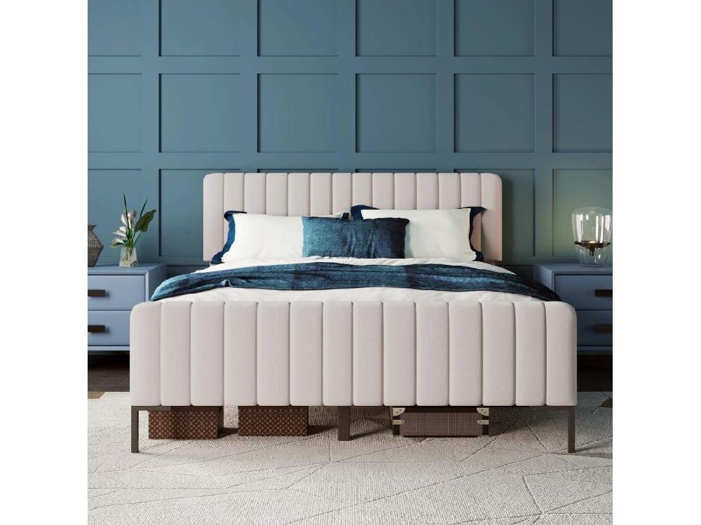 vente unique Lit adulte rembourré en tissu lin - 180x200 cm - avec tête de lit réglable et sommier à lattes - Gris clair