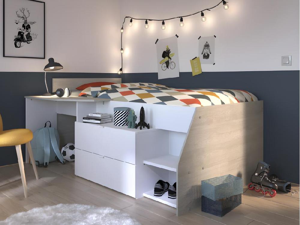 Vente Unique Lit Avec Bureau Et Rangements - 90 X 190/200 Cm - Blanc Et Naturel + Sommier - GISELE