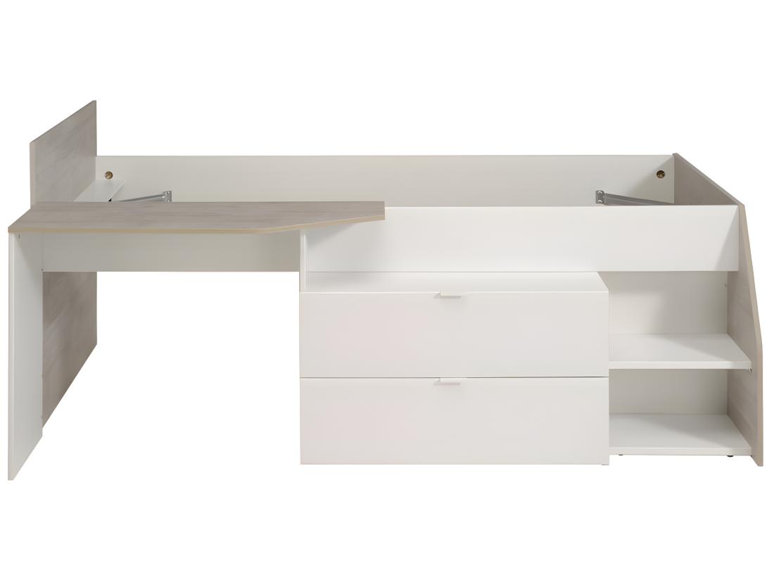 Vente Unique Lit Avec Bureau Et Rangements - 90 X 190/200 Cm - Blanc Et Naturel + Sommier - GISELE