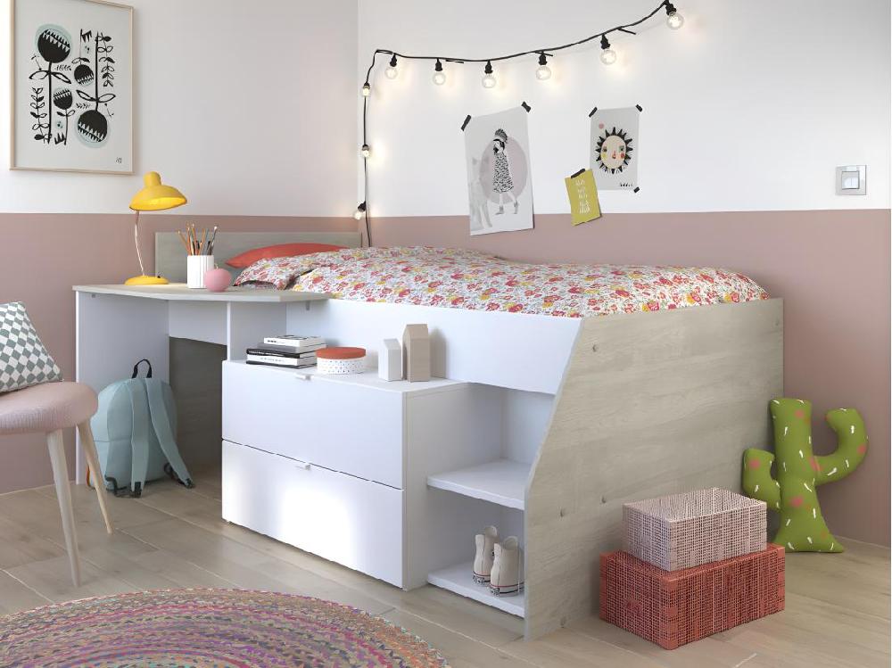 vente unique Lit avec bureau et rangements - 90 x 190/200 cm - Blanc et naturel + Sommier - GISELE