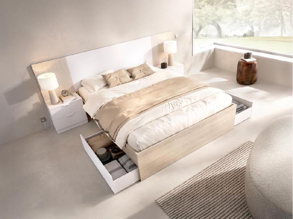 Vente Unique Lit Avec Chevets 140 X 190 Cm - Coloris : Naturel Et Blanc - PELORVA