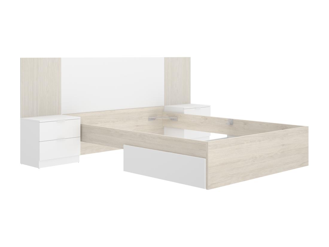 Vente Unique Lit Avec Chevets 140 X 190 Cm - Coloris : Naturel Et Blanc - PELORVA