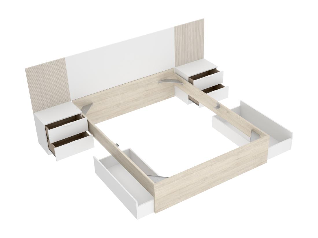 Vente Unique Lit Avec Chevets 140 X 190 Cm - Coloris : Naturel Et Blanc - PELORVA