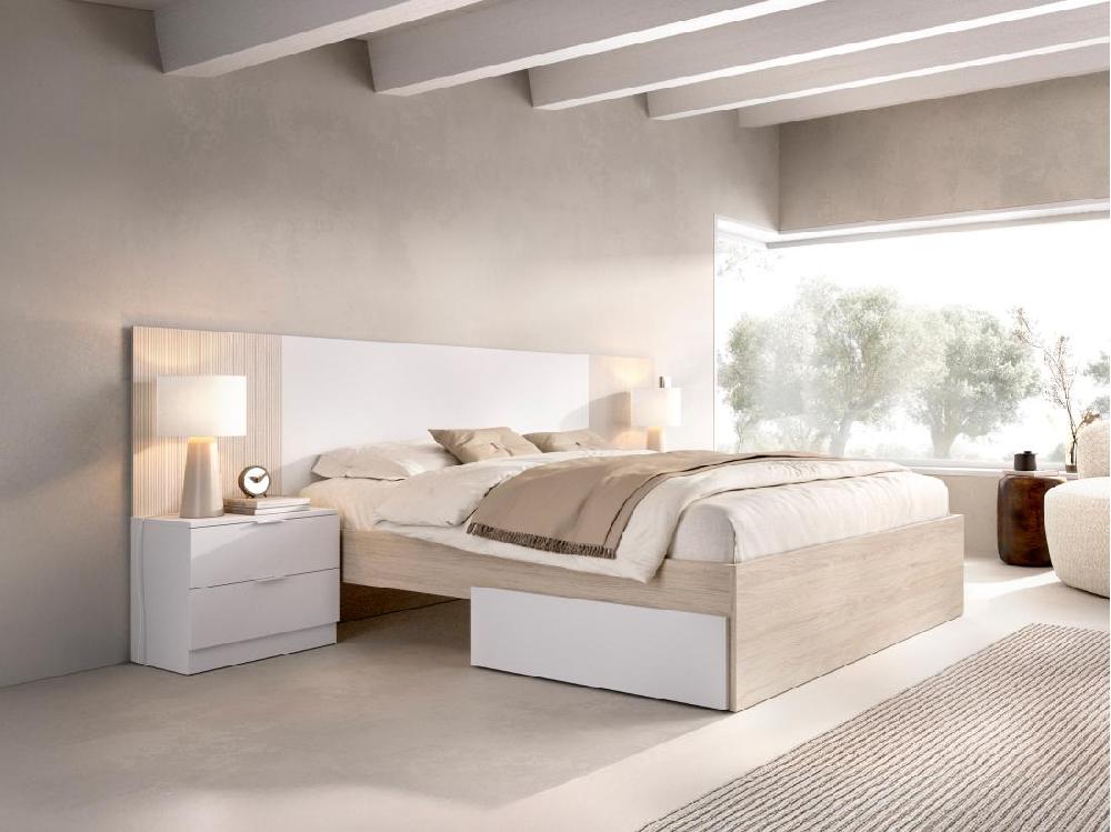 vente unique Lit avec chevets 140 x 190 cm - Coloris : Naturel et blanc - PELORVA