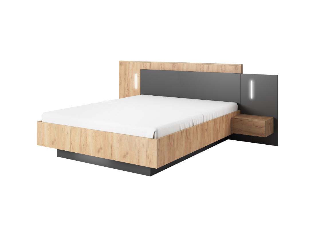 Vente Unique Lit Avec Chevets 160 X 200 Cm - 2 Tiroirs - Avec LEDs - Coloris : Naturel Et Anthracite + Sommier - FRANCOLI