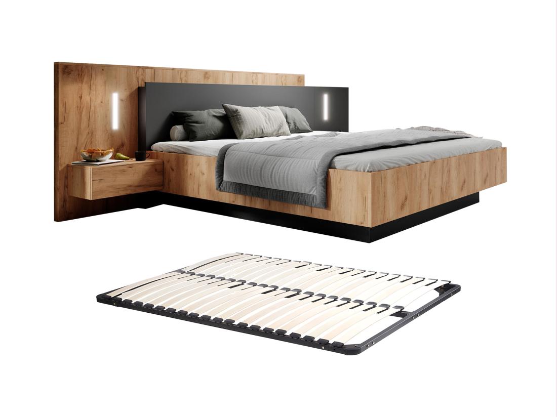 Vente Unique Lit Avec Chevets 160 X 200 Cm - 2 Tiroirs - Avec LEDs - Coloris : Naturel Et Anthracite + Sommier - FRANCOLI