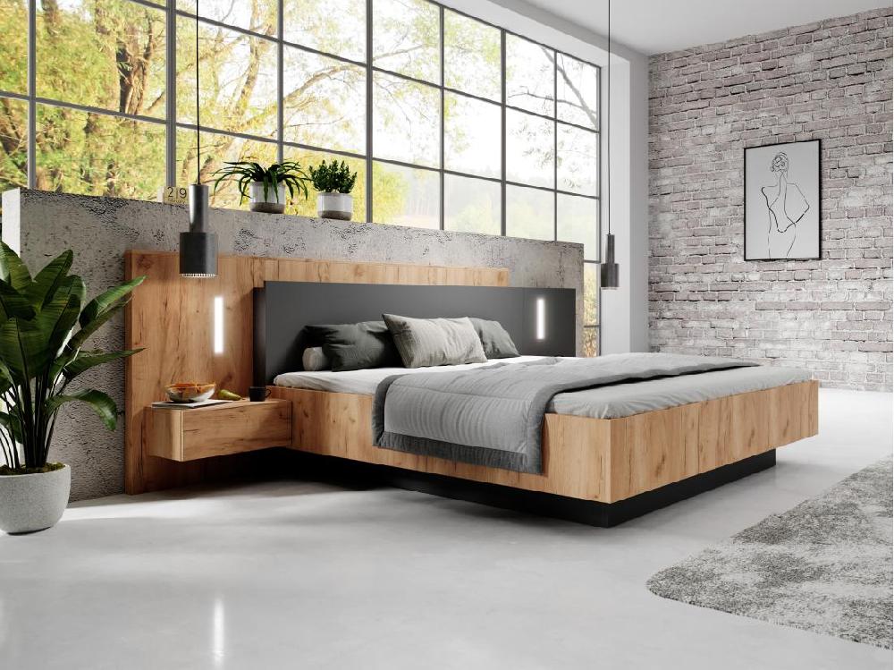 vente unique Lit avec chevets 160 x 200 cm - 2 tiroirs - Avec LEDs - Coloris : Naturel et anthracite + Sommier - FRANCOLI
