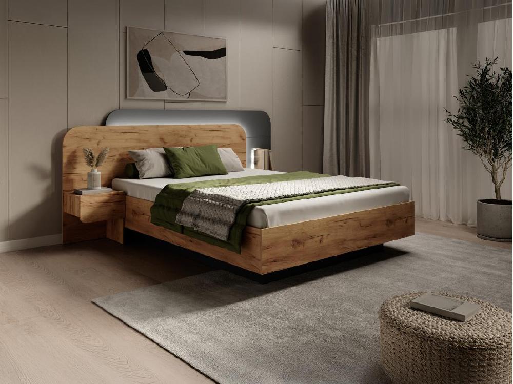 Vente Unique Lit Avec Chevets 160 X 200 Cm - Avec LEDs - Coloris : Naturel Et Anthracite - DESADO