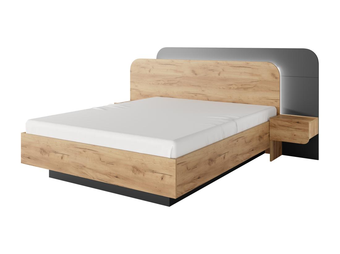Vente Unique Lit Avec Chevets 160 X 200 Cm - Avec LEDs - Coloris : Naturel Et Anthracite - DESADO