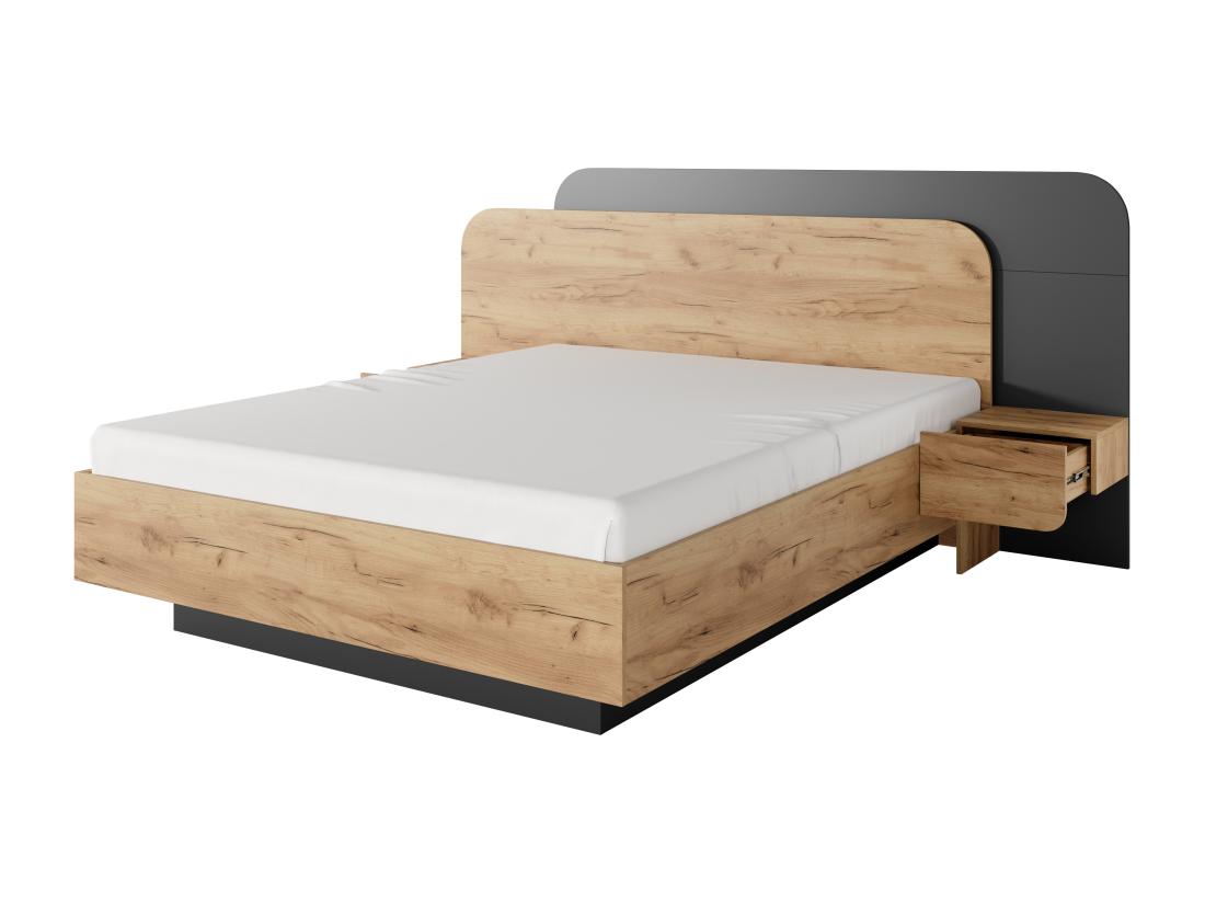 Vente Unique Lit Avec Chevets 160 X 200 Cm - Avec LEDs - Coloris : Naturel Et Anthracite - DESADO