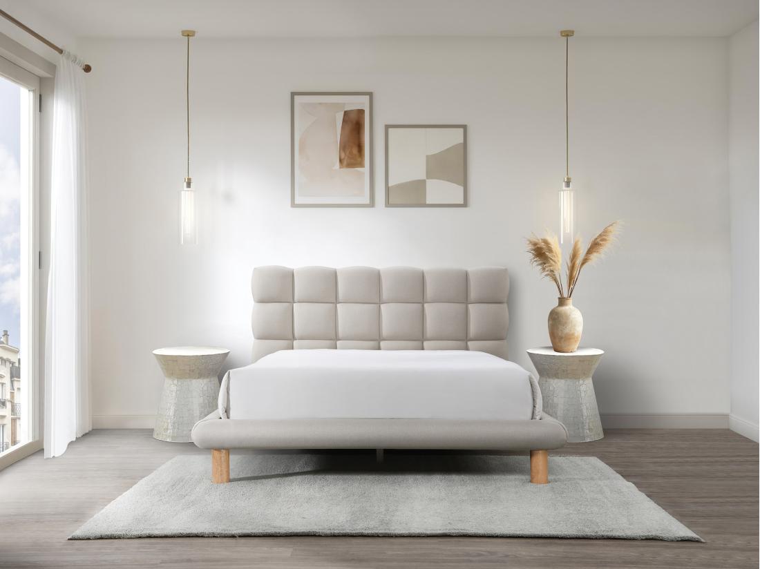 Vente Unique Lit Avec Tête De Lit Matelassée 160 X 200 Cm - Tissu - Beige - FUDALI