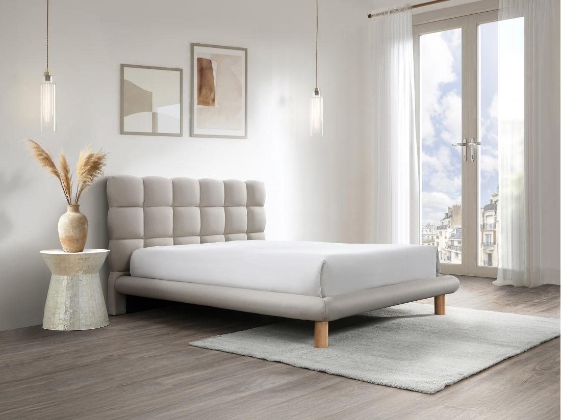 vente unique Lit avec tête de lit matelassée 160 x 200 cm - Tissu - Beige - FUDALI