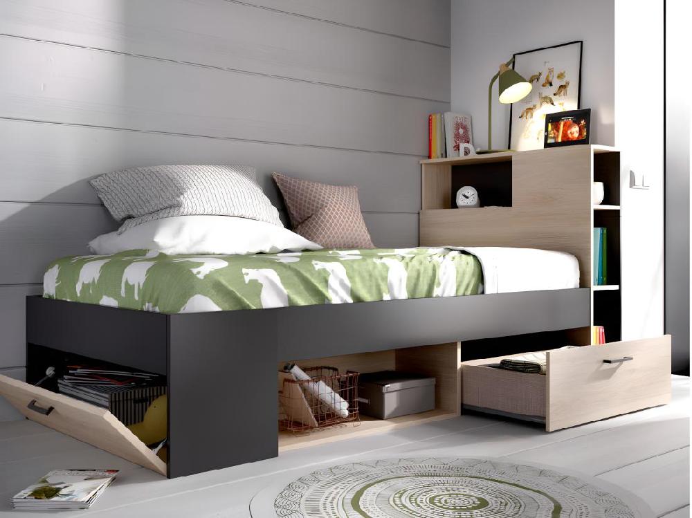 Vente Unique Lit Avec Tête De Lit Rangements Et Tiroir - 90 X 190 Cm - Anthracite Et Naturel + Sommier - LEANDRE