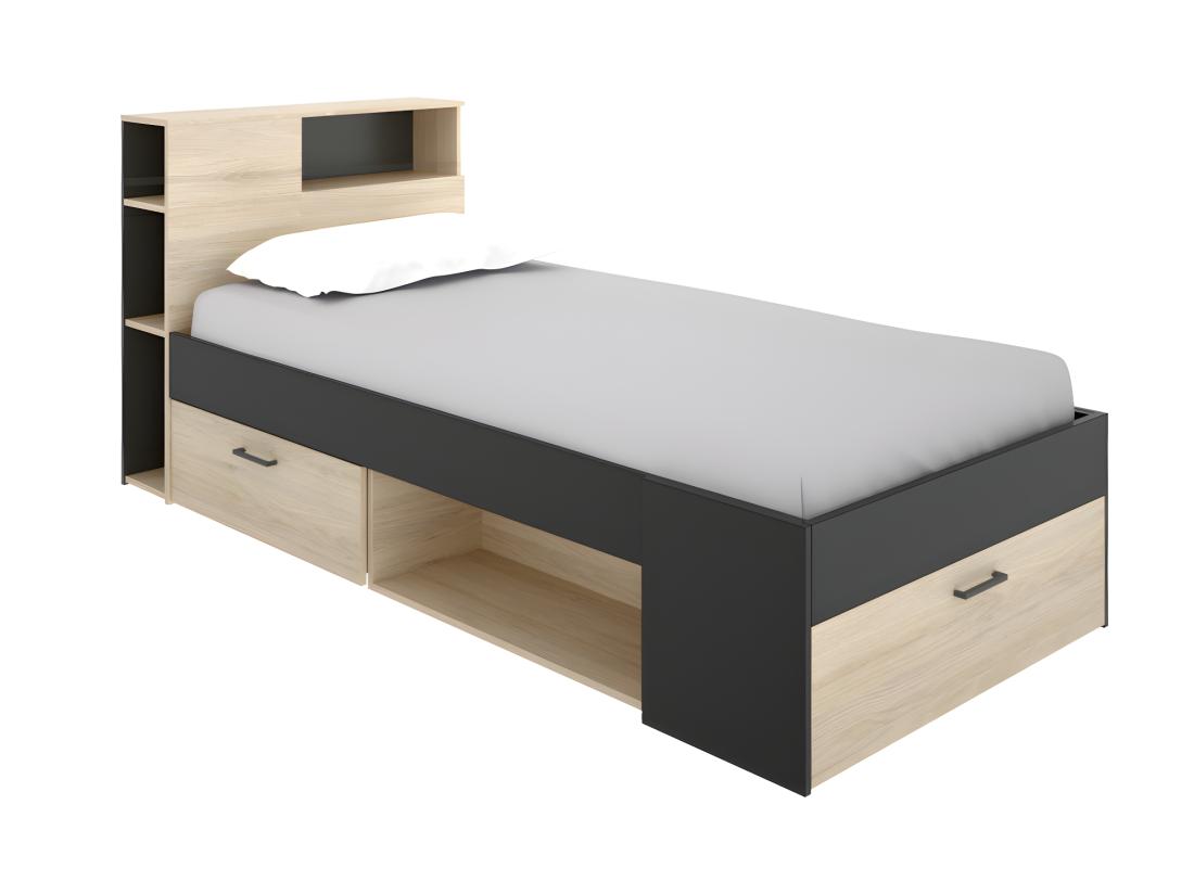 Vente Unique Lit Avec Tête De Lit Rangements Et Tiroir - 90 X 190 Cm - Anthracite Et Naturel + Sommier - LEANDRE