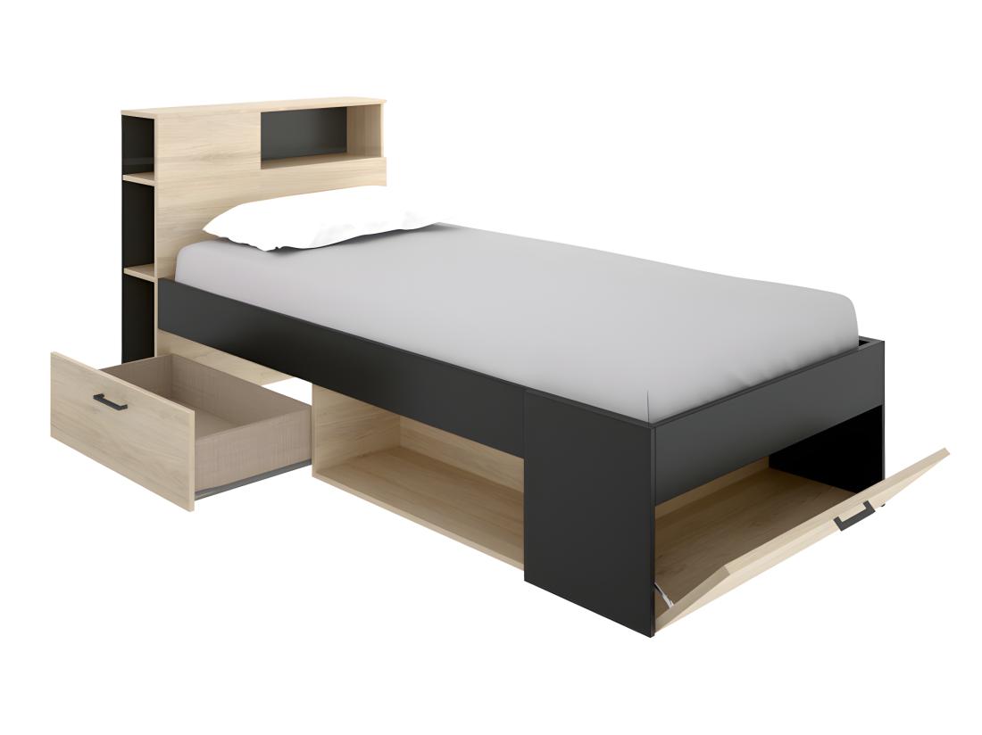 Vente Unique Lit Avec Tête De Lit Rangements Et Tiroir - 90 X 190 Cm - Anthracite Et Naturel + Sommier - LEANDRE