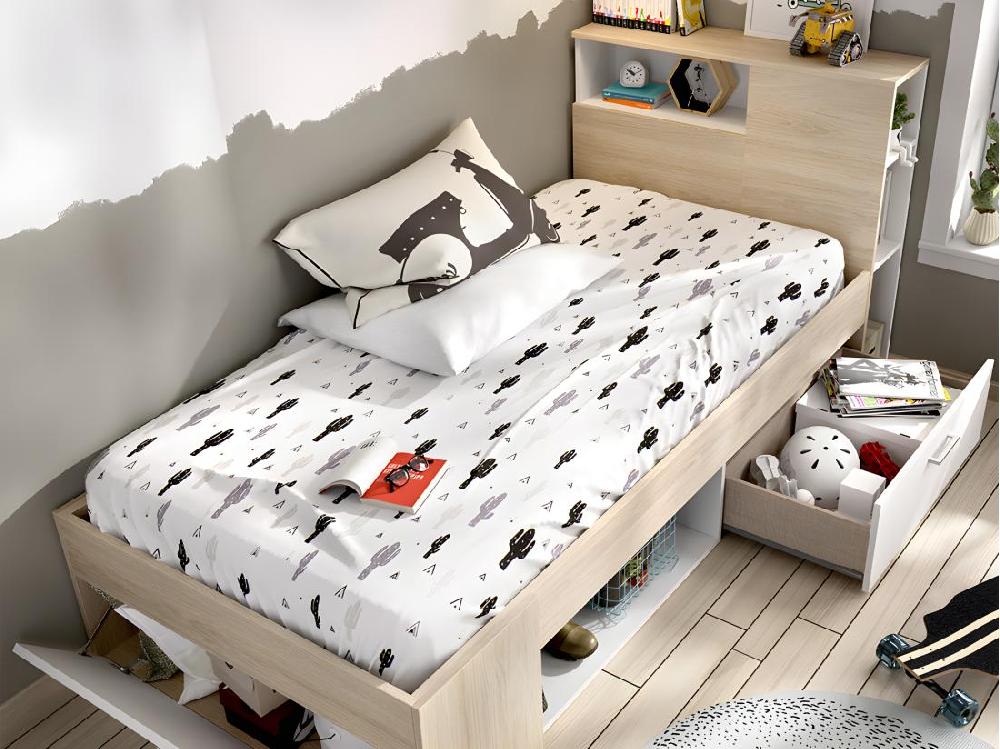Vente Unique Lit Avec Tête De Lit Rangements Et Tiroir - 90 X 190 Cm - Blanc Et Naturel - LEANDRE